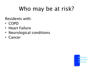 Who may be at risk?
Residents with:
• COPD
• Heart Failure
• Neurological conditions
• Cancer




                             Diabetes
                             Education
                             Services
 
