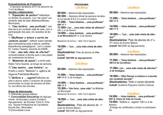 Enquadramento do Programa:                                     PROGRAMA
   A semana da leitura 2010 irá decorrer de                    1 De Março                                       3 de Março
1 a 5 de Março.
Acções a desenvolver:                         09:00h – Abertura das exposições.               09:00h – Abertura das exposições.
    “Exposições de posters” realizados        09:30h – Abertura oficial da semana da leitu-
no âmbito do projecto: “Ler: Há Letra!” em    ra na escola E.B.2,3 Luciano Cordeiro.          11:00h – “Uma história… uma profissão”
contexto sala de aula; Biblioteca/Museu                                                       EB1 nº 4
Municipais;
                                              11:00h – “Uma história… uma profissão”
                                              EB1 nº 1
    “Uma história...uma profissão”, rea-
                                              11:00h- Ler… uma mão cheia de afectos!”         14:00h —“Uma história… uma profissão”
lizar-se-á em contexto sala de aula, com a                                                    EB1 nº 5
                                              EB1 e JI de Abreiro
participação dos pais, em sessões de lei-
                                              14:00h — Uma história… uma profissão”           18:00h — “Ler… uma mão cheia de afec-
tura.
                                              JI de Mirandela/EB1 e JI de Abreiro.
  “(Re)Pensar a leitura e esrita em                                                           tos!”
contexto escolar”, reflectir sobre estraté-   Momentos de leitura – rádio Terra Quente        Destinatários: Pais de alunos do 2º e
gias motivadoras para a leitura; partilhar                                                    3ºº ciclos do Ensino Básico.
experiências pedagógicas”, com o orador       18:00h – “Ler… uma mão cheia de afec-           Local: BE/CRE do Agrupamento
Dr. Carlos Teixeira, docente da ESEB.         tos!”
  ”Ler...uma mão cheia de afectos!”,          Destinatários: Pais de alunos do Pré-                          4 de Março
consciencializar a família para o seu papel   escolar                                         09:00h – Abertura das exposições.
de mediadores de leitura.                     Local: BE/CRE do Agrupamento
   “Momentos de poesia”, a emitir pela                                                        11:00h – “Uma história… uma profissão”
                                                                2 De Março                    EB1/JI de Carvalhais.
Rádio Terra Quente, ao longo da semana.
  ”Uma montra...uma história”, no                                                             11:00h- Ler… uma mão cheia de afectos!”
                                              09:00h – Abertura das exposições.
Pronto a vestir “Bambino” e agência de                                                        JI de Avidagos.
Seguros Fidelidade/Mundial.                   11:00h – “Uma história… uma profissão”          18:00h—“(Re) Pensar a Leitura e a escrita
  ”Reflicto e ...registo!”reflexões de        EB1 nº 2 / JI de Avidagos
                                                                                              em contexto escolar”
pais e alunos sobre o conjunto de acções
                                              14:00h —“Uma história… uma profissão”           Destinatários: Todo o corpo docente
promovidas ao longo da semana da leitu-
ra, nos átrios das escolas.                   EB1 nº 3                                        Local: Auditório Pequeno Centro Cultural
                                              15:30h—”Um livro...uma vida” na Bibliote-
Áreas de Intervenção:                         ca Municipal.
  Diferentes grupos etários;                  Momentos de leitura – rádio Terra Quente                     5 de Março
  Comunidades Educativas do Agrupa-                                                           14:00h —“Uma história… uma profissão”
mento de Escolas Luciano Cordeiro,            18:00h — “Ler… uma mão cheia de afec-           EB1 S. Pedro de Vale do Conde.
Agrupamento de Escolas Torre D. Cha-          tos!”                                           14:00h- “Reflicto e...registo!” EB1 e JI de
ma, Escola Profissional de Carvalhais,        Destinatários: Pais de alunos do 1º             Abreiro.
Escola Sec. Mirandela;;                       ciclo do Ensino Básico                           Entrega de certificados a todos os participan-
 Comunidade Local.                            Local: BE/CRE do Agrupamento                    tes
 
