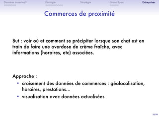 35/36
. . . . . . .
Données ouvertes ?
. . . . . . . . . .
Écologie Stratégie
. . . . .
Grand Lyon Entreprises
Commerces de proximité
But : voir où et comment se précipiter lorsque son chat est en
train de faire une overdose de crème fraîche, avec
informations (horaires, etc) associées.
Approche :
• croisement des données de commerces : géolocalisation,
horaires, prestations…
• visualisation avec données actualisées
 