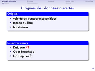 4/36
. . . . . . .
Données ouvertes ?
. . . . . . . . . .
Écologie Stratégie
. . . . .
Grand Lyon Entreprises
Origines des données ouvertes
.
Origines
..
......
• volonté de transparence politique
• monde du libre
• hacktivisme
.
Initiatives sœurs
..
......
• Datalove <3
• OpenStreetMap
• NosDéputés.fr
 