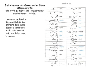 Enrichissement des séances par les élèves
             et leurs parents :
 Les élèves partagent des langues de leur
        environnement familial 1.

La maman de Sarah a
demandé la liste des
prénoms de la classe
et elle l’a complétée
en écrivant tous les
prénoms de la classe
en arabe.
 
