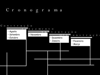 Cronograma Construção Lançamento Sustentação Desconstrução Agosto Setembro Outubro Novembro Dezembro Janeiro Fevereiro  Março 