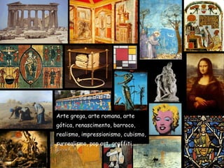 Arte grega, arte romana, arte  gótica, renascimento, barroco,  realismo, impressionismo, cubismo,  surrealismo, pop art, graffiti... 