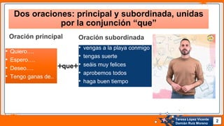 Pedro Armijo
Dos oraciones: principal y subordinada, unidas
por la conjunción “que”
• Quiero….
• Espero….
• Deseo….
• Teng...