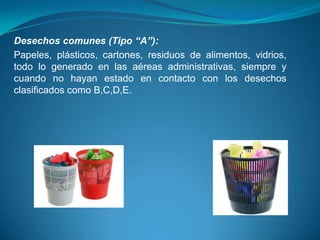Desechos comunes (Tipo “A”):
Papeles, plásticos, cartones, residuos de alimentos, vidrios,
todo lo generado en las aéreas administrativas, siempre y
cuando no hayan estado en contacto con los desechos
clasificados como B,C,D,E.
 