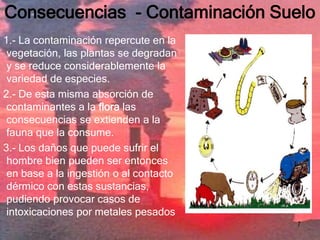 Contaminación del SueloEs la presencia de compuestos químicos por el Hombre u otra alteración al ambiente natural de suelo.