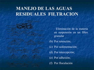 MANEJO DE LAS AGUAS  RESIDUALES  FILTRACION Eliminación de la materia en suspensión en un filtro granular Por retención;  Por sedimentación; Por intercepción; Por adhesión;  Por floculación 