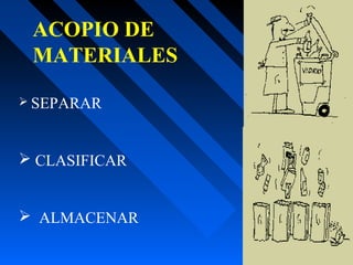 ACOPIO DE
MATERIALES
 SEPARAR
 CLASIFICAR
 ALMACENAR
 