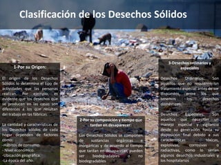 1-Por su Origen:
El origen de los Desechos
Sólidos lo determina el tipo de
actividades que las personas
realizan. Por ejemplo, es
evidente que los desechos que
se producen en las casas son
diferentes a los que resultan
del trabajo en las fábricas.
La cantidad y características de
los Desechos sólidos de cada
hogar dependen de factores
como:
-Hábitos de consumo.
- Nivel económico.
-Ubicación geográfica.
-La época del año.
Clasificación de los Desechos Sólidos
2-Por su composición y tiempo que
tardan en desaparecer:
Los Desechos Sólidos se componen
de sustancias orgánicas e
inorgánicas y de acuerdo al tiempo
que tardan en desaparecer, pueden
ser biodegradables o no
biodegradables
3-Desechos ordinarios y
especiales
Desechos Ordinarios: Son
aquellos que no requieren un
tratamiento especial antes de ser
dispuestos, entre los que
tenemos los desechos
domésticos.
Desechos Especiales: Son
aquellos que necesitan un
manejo especial y vigilancia
desde su generación hasta su
disposición final debido a sus
características tóxicas,
explosivas, corrosivas o
radiactivas, como lo serían
algunos desechos industriales y
los hospitalarios
 