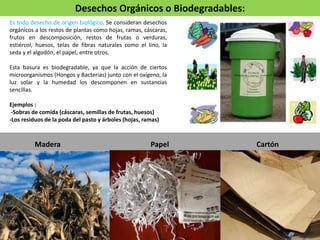 Es todo desecho de origen biológico. Se consideran desechos
orgánicos a los restos de plantas como hojas, ramas, cáscaras,
frutos en descomposición, restos de frutas o verduras,
estiércol, huesos, telas de fibras naturales como el lino, la
seda y el algodón, el papel, entre otros.
Esta basura es biodegradable, ya que la acción de ciertos
microorganismos (Hongos y Bacterias) junto con el oxígeno, la
luz solar y la humedad los descomponen en sustancias
sencillas.
Ejemplos :
-Sobras de comida (cáscaras, semillas de frutas, huesos)
-Los residuos de la poda del pasto y árboles (hojas, ramas)
Madera Papel Cartón
Desechos Orgánicos o Biodegradables:
 