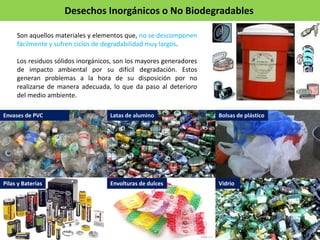 Son aquellos materiales y elementos que, no se descomponen
fácilmente y sufren ciclos de degradabilidad muy largos.
Los residuos sólidos inorgánicos, son los mayores generadores
de impacto ambiental por su difícil degradación. Estos
generan problemas a la hora de su disposición por no
realizarse de manera adecuada, lo que da paso al deterioro
del medio ambiente.
Envases de PVC Latas de alumino Bolsas de plástico
Pilas y Baterías Envolturas de dulces Vidrio
Desechos Inorgánicos o No Biodegradables
 
