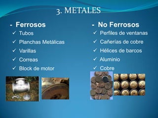 3. METALES
- Ferrosos                - No Ferrosos
 Tubos                     Perfiles de ventanas
 Planchas Metálicas        Cañerías de cobre
 Varillas                  Hélices de barcos
 Correas                   Aluminio
 Block de motor            Cobre
 