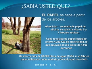 ¿SABIA USTED QUE?
                  EL PAPEL se hace a partir
                  de los árboles.
                     Al reciclar 1 tonelada de papel de
                          oficina, se salva la vida de 5 a
                                7 árboles adultos.

                      Cada tonelada de papel reciclado
                     ahorra 4.200 KW de electricidad, lo
                     que equivale al uso diario de 4.000
                                  personas


Se ahorra más de 30.000 litros de agua (15%) si se fabrica
 papel utilizando como materia prima el papel reciclado.

             INTERCIA    S. A.
 