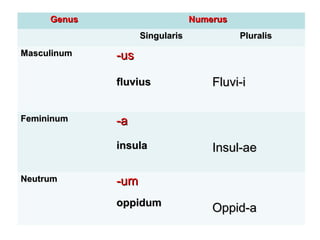 Genus                      Numerus
                   Singularis             Pluralis
Masculinum   -us

             fluvius                Fluvi-i

Femininum    -a
             insula                 Insul-ae

Neutrum      -um
             oppidum
                                    Oppid-a
 