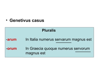 • Genetivus casus

                 Pluralis

-arum   In Italia numerus servarum magnus est

-orum   In Graecia quoque numerus servorum
        magnus est
 