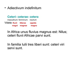 • Adiectivum indefinitum

   Ceteri- ceterae- cetera
   masculinum- femininum- neutrum
Videte: fluvii   litterae   oppida
        magni    magnae      magna


   In Africa unus fluvius magnus est: Nilus;
   ceteri fluvii Africae parvi sunt.

   In familia Iulii tres liberi sunt: ceteri viri
   servi sunt.
 