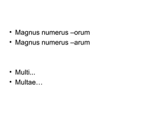 • Magnus numerus –orum
• Magnus numerus –arum



• Multi...
• Multae…
 