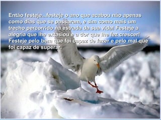 Então festeje...festeje o ano que acabou não apenas
como dias que se passaram, e sim como mais um
trecho percorrido na estrada da sua vida! Festeje a
alegria que lhe extasiou e a dor que lhe fez crescer!
Festeje pelo bem que foi capaz de fazer e pelo mal que
foi capaz de superar.
 