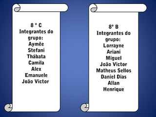 8 º C
Integrantes do
grupo:
Aymêe
Stefani
Thábata
Camila
Alex
Emanuele
João Victor
8º B
Integrantes do
grupo:
Lorrayne
Ariani
Miguel
João Victor
Matheus Sellos
Daniel Dias
Allan
Henrique
 