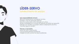 LÍDER-SERVO
fortalecimento da equipe
Suas responsabilidade incluem:
Remover impedimentos no progresso do time.
Proteger o time de distrações externas.
Educar os outros sobre como interagir com o time.
Ajudar a estabelecer um acordo em relação aos limites da operação.
Interagir com aqueles que podem afetar o desempenho do time.
“Fornecer água e comida”.
Para isso, é necessário:
Apoio de toda a organização.
Comunicação pessoal e profissional.
Inteligência para conduzir as responsabilidades.
 