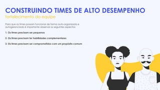 CONSTRUINDO TIMES DE ALTO DESEMPENHO
fortalecimento da equipe
Para que os times possam funcionar de forma auto-organizada e
autogerenciada é importante observar os seguintes aspectos:
1. Os times precisam ser pequenos
2. Os times precisam ter habilidades complementares
3. Os times precisam ser comprometidos com um propósito comum
 
