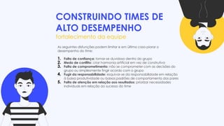 CONSTRUINDO TIMES DE
ALTO DESEMPENHO
fortalecimento da equipe
As seguintes disfunções podem limitar e em último caso piorar o
desempenho do time:
1. Falta de confiança: tornar-se duvidoso dentro do grupo
2. Medo de conflito: criar harmonia artificial em vez de construtiva
3. Falta de comprometimento: não se comprometer com as decisões do
grupo ou simplesmente fingir acordo com o grupo
4. Fugir da responsabilidade: esquivar-se da responsabilidade em relação
à baixa produtividade ou baixos padrões de comportamento dos pares
5. Falta de atenção em relação aos resultados: priorizar necessidades
individuais em relação ao sucesso do time
 