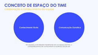 CONCEITO DE ESPAÇO DO TIME
colaboração e fortalecimento da equipe
Em equipes co-localizadas trabalhando em um espaço de time, o
compartilhamento de conhecimento é facilitado através de:
Conhecimento Tácito Comunicação Osmótica
 