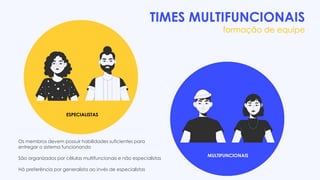 TIMES MULTIFUNCIONAIS
formação de equipe
MULTIFUNCIONAIS
ESPECIALISTAS
Os membros devem possuir habilidades suficientes para
entregar o sistema funcionando
São organizados por células multifuncionais e não especialistas
Há preferência por generalista ao invés de especialistas
 