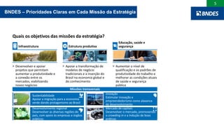 5
BNDES – Prioridades Claras em Cada Missão da Estratégia
Quais os objetivos das missões da estratégia?
Desenvolvimento regional
Desenvolver as diversas regiões do
país, com apoio às empresas e órgãos
públicos
Infraestrutura
Educação, saúde e
segurançaEstrutura produtiva
> Apoiar a transformação de
modelos de negócio
tradicionais e a inserção do
Brasil na economia global e
do conhecimento
> Aumentar o nível de
qualificação e os padrões de
produtividade do trabalho e
melhorar as condições atuais
de saúde e segurança
pública
> Desenvolver e apoiar
projetos que permitam
aumentar a produtividade e
a conexão entre os
mercados, viabilizando
novos negócios
Missões transversais
Sustentabilidade
Apoiar a migração para a economia
verde dando protagonismo ao Brasil
Mercado de capitais
Desenvolver o mercado, promovendo
o crowding in e a indução de boas
práticas
Inovação
Estimular inovação e
empreendedorismo como alavanca
de desenvolvimento
 