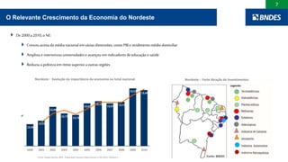7
 De 2000a 2010,o NE:
 Cresceuacima da médianacional emvárias dimensões,como PIB e rendimentomédiodomiciliar
 Ampliou e interiorizouuniversidadeseavançou emindicadores de educação esaúde
 Reduziua pobrezaemritmo superiora outras regiões
12,45
12,55
12,96
12,77 12,72
13,07
13,13
13,07 13,11
13,51
13,46
2000 2001 2002 2003 2004 2005 2006 2007 2008 2009 2010
%
Fonte: Dados básicos IBGE. Elaboração Gustavo Maia Gomes in NE 2022 Volume 2
Nordeste : Evolução da importância da economia no total nacional Nordeste : Forte Atração de Investimentos
O Relevante Crescimento da Economia do Nordeste
 