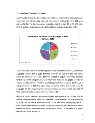 4
Taxa Média de Ocupação por porte
A distribuição da amostra de acordo com o porte dos empreendimentos resultou em
uma maior concentração dos meios de hospedagem na faixa de 101 a 200 UHs,
representando 31% da observação, seguidos pelos MHs com 51 a 100 UHs com
27%. O gráfico a seguir apresenta a distribuição da amostra, segundo o porte:
A taxa média de ocupação dos hotéis pesquisados apresentou, em 2013, uma maior
ocupação hoteleira para o grupo de hotéis entre 101 até 200 UHs, com uma média
anual de ocupação de 61,5%, conforme gráfico a seguir. Podemos destacar
também que esta categoria atingiu a maior taxa média de ocupação no mês de
outubro (75,3%), além de liderar os resultados por sete meses no ano de 2013. Já a
categoria com 51 a 100 UHs, apresentou a segunda melhor taxa média anual de
ocupação (56,6%), seguida pelos empreendimentos de menor porte, com até 20
UHs, cuja taxa média anual de ocupação foi de 55,5%.
Nas taxas médias mensais destacaram-se ainda a categoria de 201 ou mais UHs no
mês de dezembro com a maior taxa média de ocupação em 61,5% e os MHs com
51 a 100 UHs no mês de fevereiro com 67,7 % de taxa média de ocupação por UH.
Para os empreendimentos com até 20 UHs os resultados mais expressivos foram
obtidos em agosto, com taxa média de ocupação de 64,0 %. Os gráficos a seguir
demonstram esses resultados.
6%
15%
27%31%
21%
Distribuição da Amostra dos Hotéis por nº UHs
Salvador-2013
Até 20 UHs
21 até 50
51 até 100
101 até 200
201 ou mais
Fonte: DPEE, 2014
 