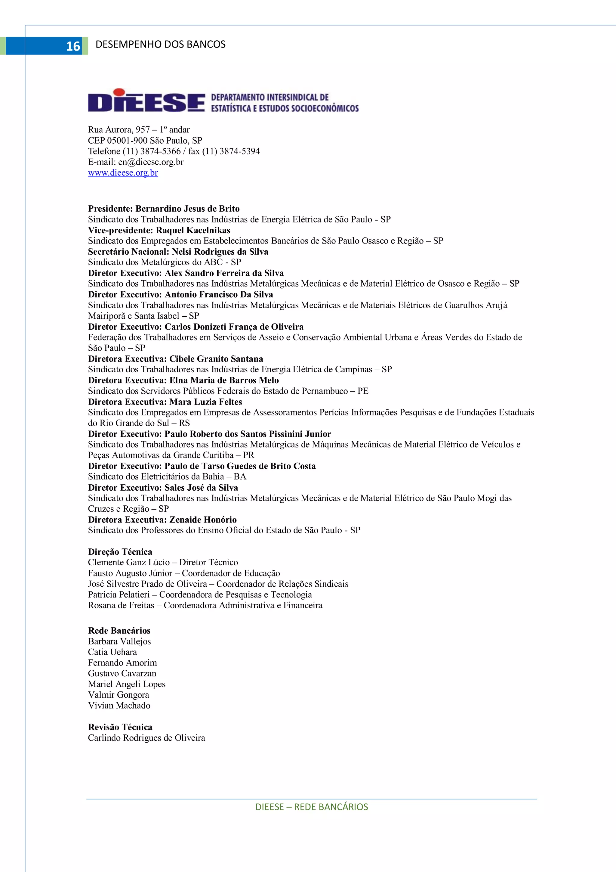 DIEESE – REDE BANCÁRIOS
16 DESEMPENHO DOS BANCOS
Rua Aurora, 957 – 1º andar
CEP 05001-900 São Paulo, SP
Telefone (11) 3874-5366 / fax (11) 3874-5394
E-mail: en@dieese.org.br
www.dieese.org.br
Presidente: Bernardino Jesus de Brito
Sindicato dos Trabalhadores nas Indústrias de Energia Elétrica de São Paulo - SP
Vice-presidente: Raquel Kacelnikas
Sindicato dos Empregados em Estabelecimentos Bancários de São Paulo Osasco e Região – SP
Secretário Nacional: Nelsi Rodrigues da Silva
Sindicato dos Metalúrgicos do ABC - SP
Diretor Executivo: Alex Sandro Ferreira da Silva
Sindicato dos Trabalhadores nas Indústrias Metalúrgicas Mecânicas e de Material Elétrico de Osasco e Região – SP
Diretor Executivo: Antonio Francisco Da Silva
Sindicato dos Trabalhadores nas Indústrias Metalúrgicas Mecânicas e de Materiais Elétricos de Guarulhos Arujá
Mairiporã e Santa Isabel – SP
Diretor Executivo: Carlos Donizeti França de Oliveira
Federação dos Trabalhadores em Serviços de Asseio e Conservação Ambiental Urbana e Áreas Verdes do Estado de
São Paulo – SP
Diretora Executiva: Cibele Granito Santana
Sindicato dos Trabalhadores nas Indústrias de Energia Elétrica de Campinas – SP
Diretora Executiva: Elna Maria de Barros Melo
Sindicato dos Servidores Públicos Federais do Estado de Pernambuco – PE
Diretora Executiva: Mara Luzia Feltes
Sindicato dos Empregados em Empresas de Assessoramentos Perícias Informações Pesquisas e de Fundações Estaduais
do Rio Grande do Sul – RS
Diretor Executivo: Paulo Roberto dos Santos Pissinini Junior
Sindicato dos Trabalhadores nas Indústrias Metalúrgicas de Máquinas Mecânicas de Material Elétrico de Veículos e
Peças Automotivas da Grande Curitiba – PR
Diretor Executivo: Paulo de Tarso Guedes de Brito Costa
Sindicato dos Eletricitários da Bahia – BA
Diretor Executivo: Sales José da Silva
Sindicato dos Trabalhadores nas Indústrias Metalúrgicas Mecânicas e de Material Elétrico de São Paulo Mogi das
Cruzes e Região – SP
Diretora Executiva: Zenaide Honório
Sindicato dos Professores do Ensino Oficial do Estado de São Paulo - SP
Direção Técnica
Clemente Ganz Lúcio – Diretor Técnico
Fausto Augusto Júnior – Coordenador de Educação
José Silvestre Prado de Oliveira – Coordenador de Relações Sindicais
Patrícia Pelatieri – Coordenadora de Pesquisas e Tecnologia
Rosana de Freitas – Coordenadora Administrativa e Financeira
Rede Bancários
Barbara Vallejos
Catia Uehara
Fernando Amorim
Gustavo Cavarzan
Mariel Angeli Lopes
Valmir Gongora
Vivian Machado
Revisão Técnica
Carlindo Rodrigues de Oliveira
 