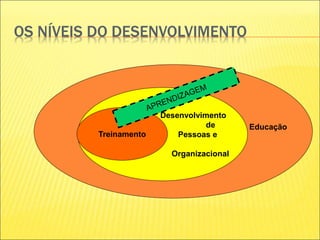 OS NÍVEIS DO DESENVOLVIMENTO
Educação
Desenvolvimento
de
Pessoas e
Organizacional
Treinamento
 