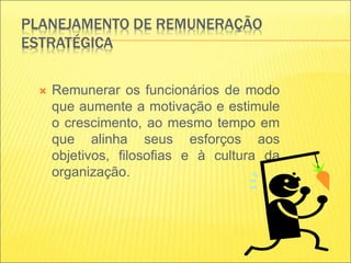 PLANEJAMENTO DE REMUNERAÇÃO
ESTRATÉGICA
 Remunerar os funcionários de modo
que aumente a motivação e estimule
o crescimento, ao mesmo tempo em
que alinha seus esforços aos
objetivos, filosofias e à cultura da
organização.
 