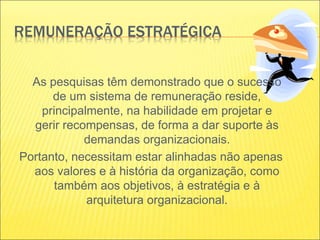 REMUNERAÇÃO ESTRATÉGICA
As pesquisas têm demonstrado que o sucesso
de um sistema de remuneração reside,
principalmente, na habilidade em projetar e
gerir recompensas, de forma a dar suporte às
demandas organizacionais.
Portanto, necessitam estar alinhadas não apenas
aos valores e à história da organização, como
também aos objetivos, à estratégia e à
arquitetura organizacional.
 