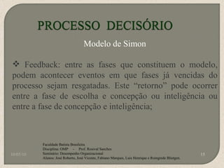 10/05/10 Faculdade Batista Brasileira Disciplina: OMP  -  Prof. Rosival Sanches Seminário: Desempenho Organizacional Alunos: José Roberto, José Vicente, Fabiano Marques, Luis Henrique e Roingrede Blietgen.  Modelo de Simon Feedback: entre as fases que constituem o modelo, podem acontecer eventos em que fases já vencidas do processo sejam resgatadas. Este “retorno” pode ocorrer entre a fase de escolha e concepção ou inteligência ou entre a fase de concepção e inteligência; 