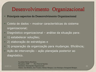Principais aspectos do Desenvolvimento Organizacional Coleta de dados – mostrar características do sistema organizacional; Diagnóstico organizacional – análise da situação para: 1) estabelecer soluções; 2) elaboração de estratégias e 3) preparação da organização para mudanças. Eficiência; Ação de intervenção – ação planejada posterior ao diagnóstico. 10/05/10 Faculdade Batista Brasileira Disciplina: OMP  -  Prof. Rosival Sanches Seminário: Desempenho Organizacional Alunos: José Roberto, José Vicente, Fabiano Marques, Luis Henrique e Roingrede Blietgen.  