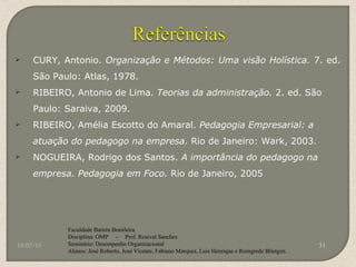 CURY, Antonio.  Organização e Métodos: Uma visão Holística.  7. ed. São Paulo: Atlas, 1978. RIBEIRO, Antonio de Lima.  Teorias da administração.  2. ed. São Paulo: Saraiva, 2009. RIBEIRO, Amélia Escotto do Amaral.  Pedagogia Empresarial: a atuação do pedagogo na empresa.  Rio de Janeiro: Wark, 2003. NOGUEIRA, Rodrigo dos Santos.  A importância do pedagogo na empresa. Pedagogia em Foco.  Rio de Janeiro, 2005 10/05/10 Faculdade Batista Brasileira Disciplina: OMP  -  Prof. Rosival Sanches Seminário: Desempenho Organizacional Alunos: José Roberto, José Vicente, Fabiano Marques, Luis Henrique e Roingrede Blietgen.  