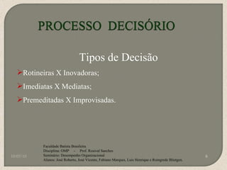 10/05/10 Faculdade Batista Brasileira Disciplina: OMP  -  Prof. Rosival Sanches Seminário: Desempenho Organizacional Alunos: José Roberto, José Vicente, Fabiano Marques, Luis Henrique e Roingrede Blietgen.  Tipos de Decisão Rotineiras X Inovadoras; Imediatas X Mediatas; Premeditadas X Improvisadas. 