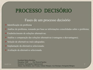 10/05/10 Faculdade Batista Brasileira Disciplina: OMP  -  Prof. Rosival Sanches Seminário: Desempenho Organizacional Alunos: José Roberto, José Vicente, Fabiano Marques, Luis Henrique e Roingrede Blietgen.  Fases de um processo decisório Identificação do problema ; Análise do problema, tomando por base as informações consolidadas sobre o problema; Estabelecimento de soluções alternativas; Análise e comparação das soluções alternativas (vantagens e desvantagens); Seleção de alternativas mais adequadas; Implantação da alternativa selecionada; Avaliação da alternativa selecionada. 