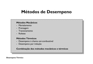 Desempeno Térmico
Métodos de Desempeno
Métodos Mecânicos
- Martelamento
- Prensagem
- Tracionamento
- Roletes
Métodos Térmicos
- Desempeno à chama oxi-combustivel
- Desempeno por indução
Combinação dos métodos mecânicos e térmicos
 