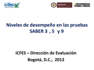 Niveles de desempeño en las pruebas
SABER 3 , 5 y 9

ICFES – Dirección de Evaluación
Bogotá, D.C., 2013

 