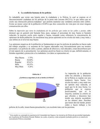14
4. La condición humana de los policías
Es indudable que existe una lejanía entre la ciudadanía y la Policía, lo cual se expresa en el
desconocimiento ciudadano de los policías de la posta más cercana (84.21%), lo que indica que no
existe una interacción policía-ciudadano1
que permita mantener una verdadera armonía entre ambos.
Existe un menor sector de la población (14.04%) que dice conocerlos de vista pero sin tener ninguna
comunicación con ellos.
Sobre la impresión que tiene la ciudadanía de los policías que están en las calles y postas, cabe
destacar que en general está bastante bien, pues, aunque el porcentaje de muy buena es bastante
reducido, la mayoría oscila entre regular y buena, tomando como referencia la concentración de
opiniones de dicha población. Se encuentran muy pocas opiniones en los niveles de mala y muy mala y
casi ínfimo en el nivel de muy bueno.
Las opiniones negativas de la población se fundamentan en que los policías de patrullas no hacen nada
del trabajo asignado y se ausentan de los lugares adecuados muy frecuentemente para sus asuntos
personales. Los policías de calles y postas, además de abusivos y mal educados, crean desconfianza por
el mal aspecto de su presentación. Las opiniones positivas basan su criterio en que, definitivamente, sí
brindan seguridad y protección a la ciudadanía. Los datos se representan así:
Muy Buena 1.75%
Buena 36.84%
Regular 45.61%
Mala 10.53%
Muy Mala 5.26%
La impresión de la población
sobre los oficiales y directores
de la Policía es regular con una
tendencia hacia buena. Los
niveles de malo y muy malo son
de opinión muy reducida, al
igual que la de muy buena. La
población que se expresa
positivamente, que es la
mayoría, sustenta su criterio en
que oficiales y directores han
tenido una mejoría ascendente
en los últimos años. Perciben
que tienen don de mando, ponen
orden y hacen trabajar a los
policías de la calle, tienen buena presentación y un excelente trato con las personas.
1
Este estudio no contempla la experiencia de Comunidad más Segura y las iniciativas de Policía de proximidad impulsadas
por el gobierno del Presidente Ricardo Maduro, las cuales, al parecer, están arrojando resultados positivos en materia de
acercamiento Policía-comunidad.
Gráfico No. 4
¿Confiaría su seguridad y la de su familia a la Policía?
No
49%
Sí
12%
NS/Nr
39%
 