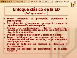 Tomar decisiones de promoción, separación, y transferencia  Retroalimentar al empleado con respecto a como la organización evalúa su desempeño . Evaluar las contribuciones relativas hechas por individuos o departamentos en lograr las metas de alto nivel de la organización.  Evaluar la eficacia de selección y colocación laboral  Tomar decisiones de  recompensar o premiar ,  incluyendo calificaciones de mérito, dar promociones u otras pagos variables.  Evaluar el éxito de las acciones de desarrollo y entrenamiento  Insumo en procesos de planificación de recursos humanos. Enfoque clásico de la ED (Enfoque reactivo) 