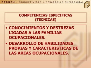 COMPETENCIAS ESPECIFICAS (TECNICAS) CONOCIMIENTOS Y DESTREZAS LIGADAS A LAS FAMILIAS OCUPACIONALES. DESARROLLO DE HABILIDADES PROPIAS Y CARACTERISTICAS DE LAS AREAS OCUPACIONALES. 