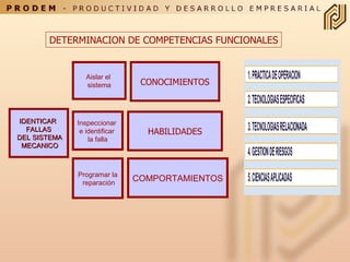 CONOCIMIENTOS IDENTICAR  FALLAS DEL SISTEMA MECANICO HABILIDADES COMPORTAMIENTOS Aislar el  sistema Inspeccionar  e identificar  la falla Programar la reparación DETERMINACION DE COMPETENCIAS FUNCIONALES 
