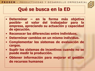 Qué se busca en la ED Determinar – en la forma más objetiva posible- el valor del trabajador para la empresa, apreciando su actuación y capacidad de ejecución.  Reconocer las diferencias entre individuos. Determinar cambios en un mismo individuo. Complementar los sistemas de evaluación de cargos. Suplir los sistemas de incentivos cuando no se puede medir la producción. Obtener información para mejorar el gestión de recursos humanos   