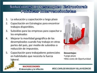 1. La educación y capacitación a largo plazo
2. Capacitación en Estrategias para encontrar
   trabajos disponibles.
3. Subsidios para las empresas para capacitar a
   los empleados
4. Mejorar la movilidad geográfica de los
   desempleados cuando hay trabajo en otras
   partes del país, por medio de subsidios o
   reducción de impuestos.
5. Capacitación para trabajadores potenciales Desventajas:
   en habilidades que necesita la fuerza        •Largo plazo
   laboral.                                     •Alto costo de Oportunidad
 
