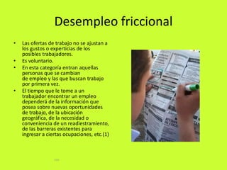 DesempleofriccionalLas ofertas de trabajo no se ajustan a los gustos o experticias de los posiblestrabajadores.Es voluntario.En esta categoría entran aquellas personas que se cambian de empleo y las que buscan trabajo por primera vez.El tiempo que le tome a un trabajador encontrar un empleo dependerá de la información que posea sobre nuevas oportunidades de trabajo, de la ubicación geográfica, de la necesidad o conveniencia de un readiestramiento, de las barreras existentes para ingresar a ciertas ocupaciones, etc.(1)CVA