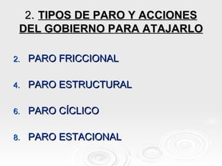 2 .  TIPOS DE PARO Y ACCIONES DEL GOBIERNO PARA ATAJARLO PARO FRICCIONAL PARO ESTRUCTURAL PARO CÍCLICO PARO ESTACIONAL 